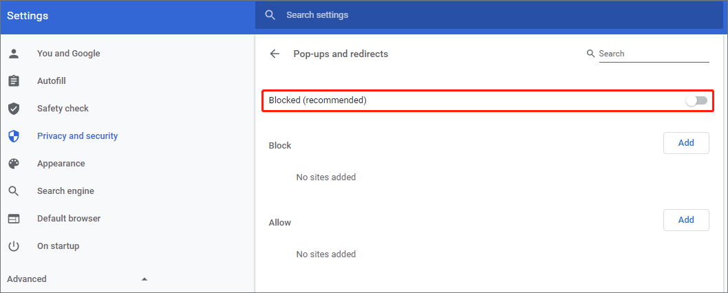 Uncheck the box next to "Block pop-up windows" to disable the pop-up blocker.
Close the preferences window to save the changes.
