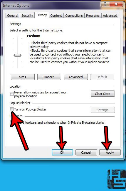 Under the "Pop-up Blocker" section, uncheck the box next to "Turn on Pop-up Blocker."
Click on "Apply" and then "OK" to save the changes.