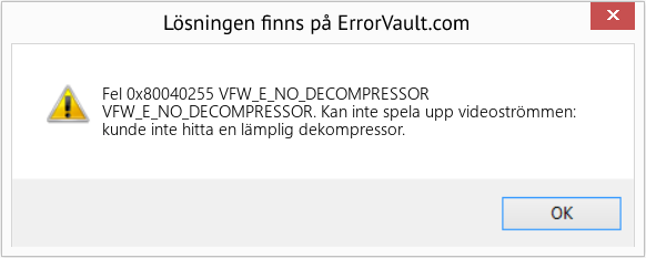 Download Error <?php echo $number; ?> (VFW_E_NO_DECOMPRESSOR) Repair Tool Fix VFW_E_NO_DECOMPRESSOR (Error Fel 0x80040255)