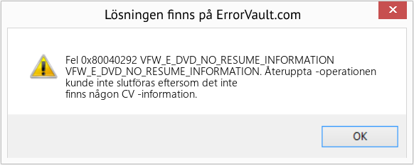 Fix VFW_E_DVD_NO_RESUME_INFORMATION (Error Fel 0x80040292)