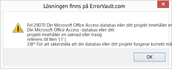 Download Error <?php echo $number; ?> (Din Microsoft Office Access-databas eller ditt projekt innehåller en saknad eller trasig referens till filen) Repair Tool Fix Din Microsoft Office Access-databas eller ditt projekt innehåller en saknad eller trasig referens till filen (Error Fel 29070)