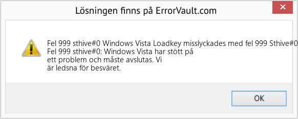 Fix Windows Vista Loadkey misslyckades med fel 999 Sthive#0 (Error Fel 999 sthive#0)