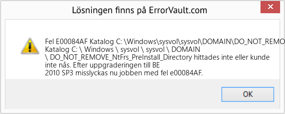 Fix Katalog C: \Windows\sysvol\sysvol\DOMAIN\DO_NOT_REMOVE_NtFrs_PreInstall_Directory hittades inte, eller kunde inte nås (Error Fel E00084AF)